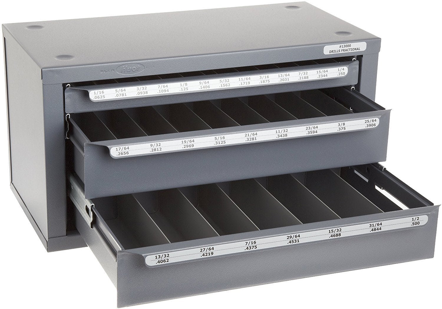 Metal bit drawer with labeled sections for various drill sizes.