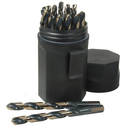 Set of drill bits in a plastic case with a couple of drill bits outside.