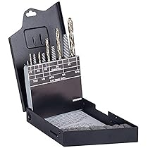 Drill bit set in a black case with labeled compartments.