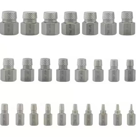 Set of hexagonal extractors in various sizes and thread patterns.
