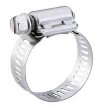 A stainless steel hose clamp with a screw mechanism.