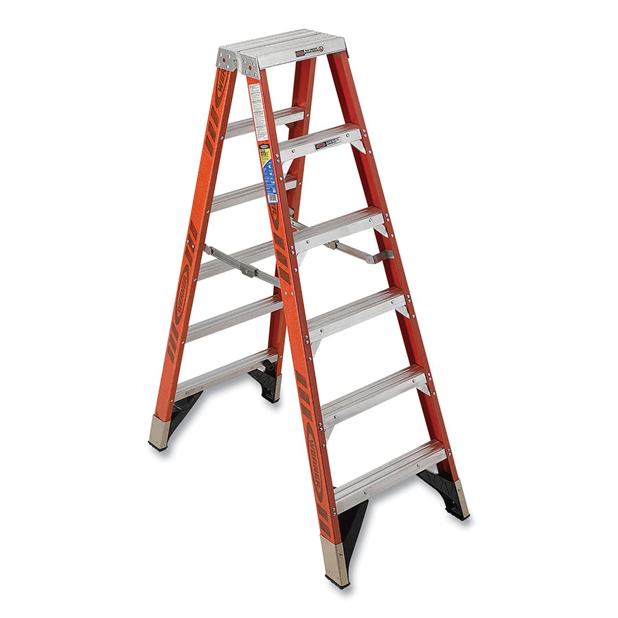 Orange fiberglass step ladder, six steps, folded open.