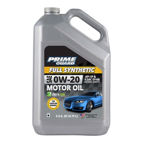 Prime Guard Full Synthetic SAE 0W-20 motor oil in 5-quart container