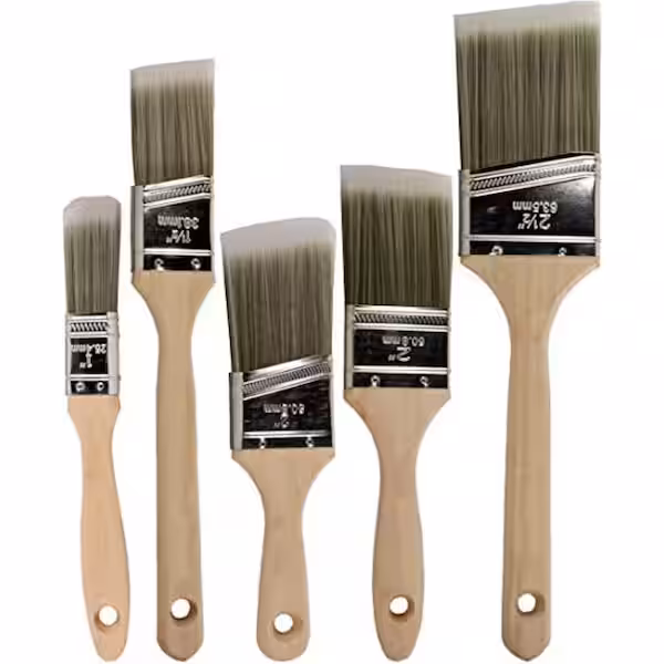 Various sizes of paint brushes with wooden handles.