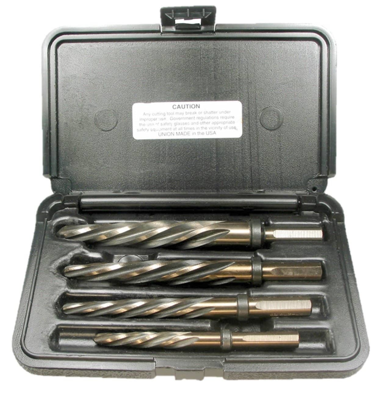Reamer bit set in a black case with four different sizes.