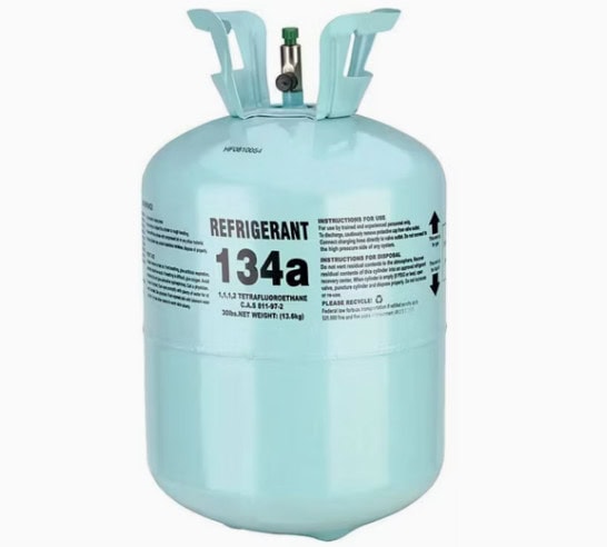 Refrigerant R134a cylinder for air conditioning systems.