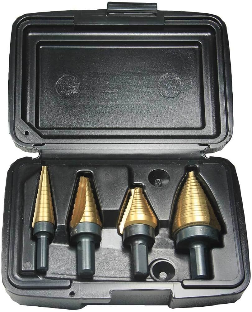 Set of step drill bits in a black storage case.
