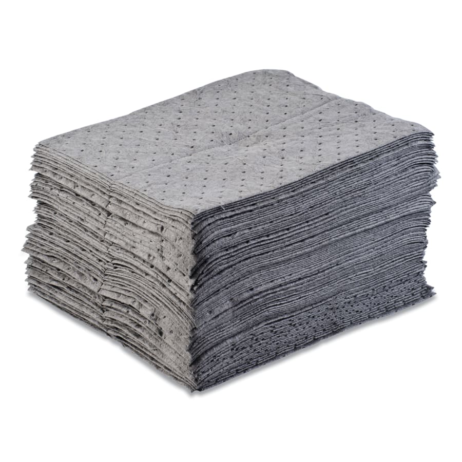 Stack of gray absorbent spill control pads.