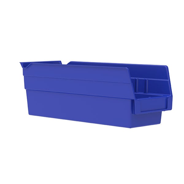 Blue plastic storage bin, side view.