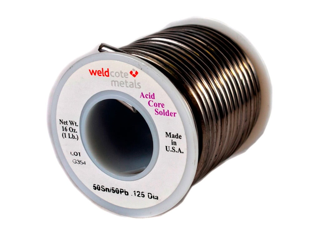 Spool of Weldcote Metals acid core solder wire, 50Sn/50Pb alloy, 1 lb