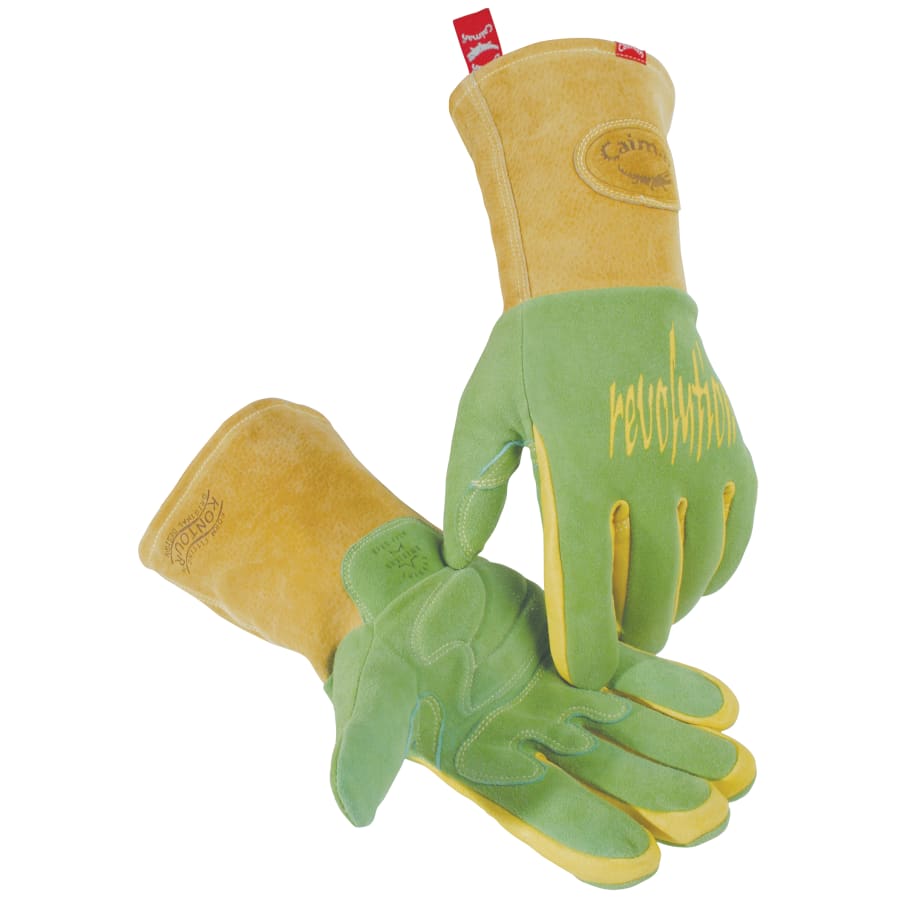 Green-yellow work gloves with revolution text design.