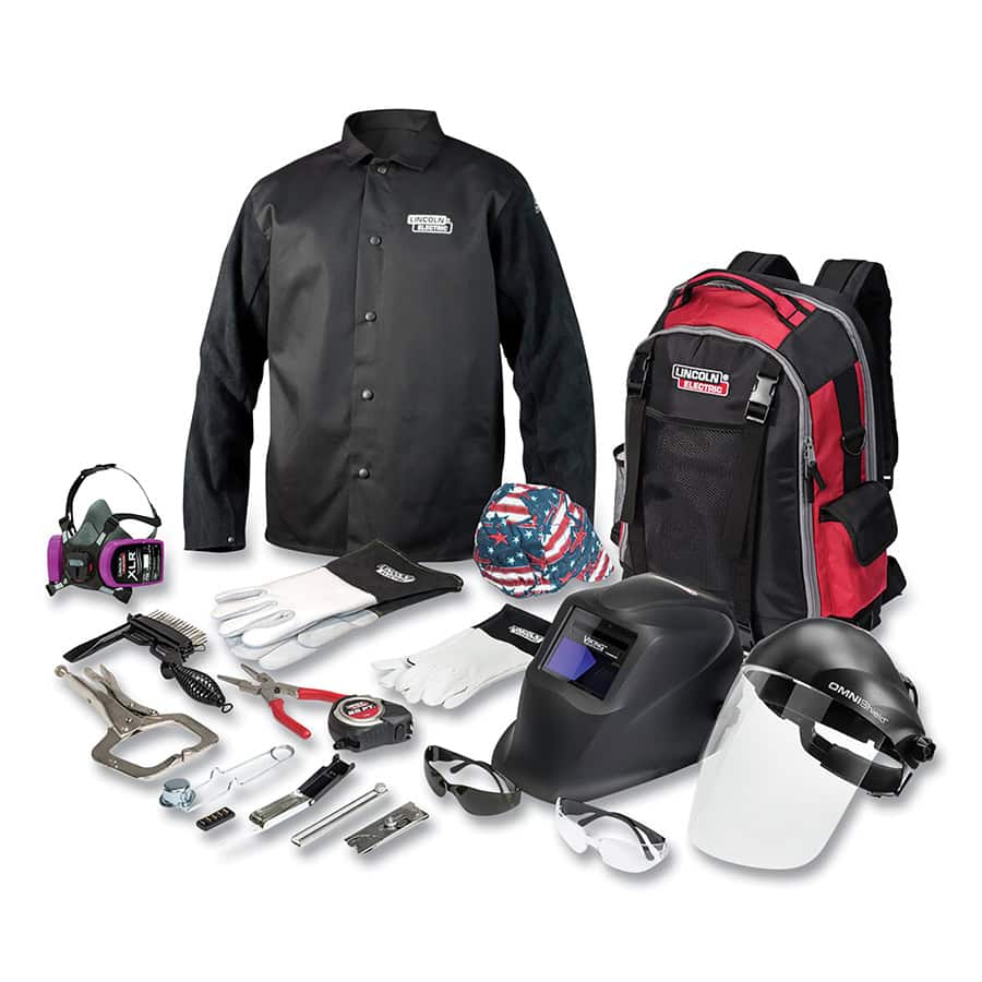 Comprehensive welding gear kit including jacket, helmet, gloves, safety glasses, face shield, tools, and backpack