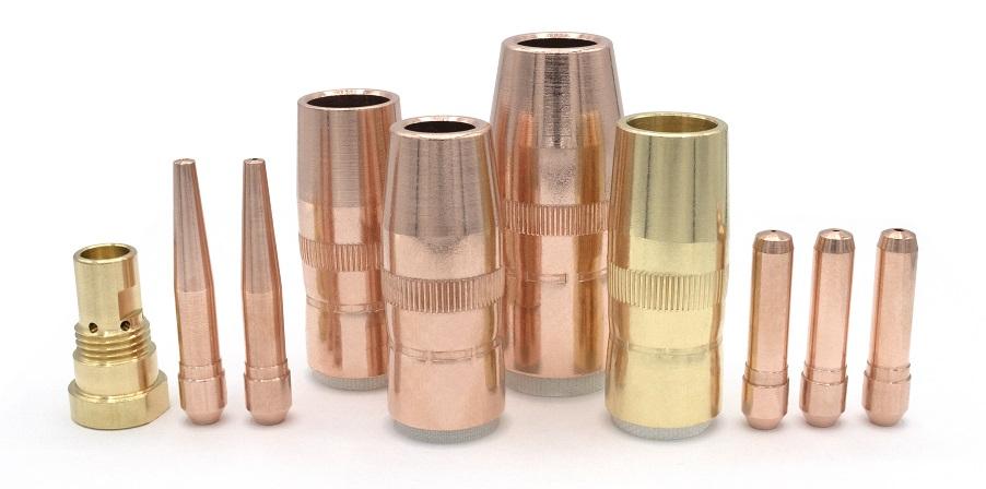 Various copper and brass welding nozzles displayed