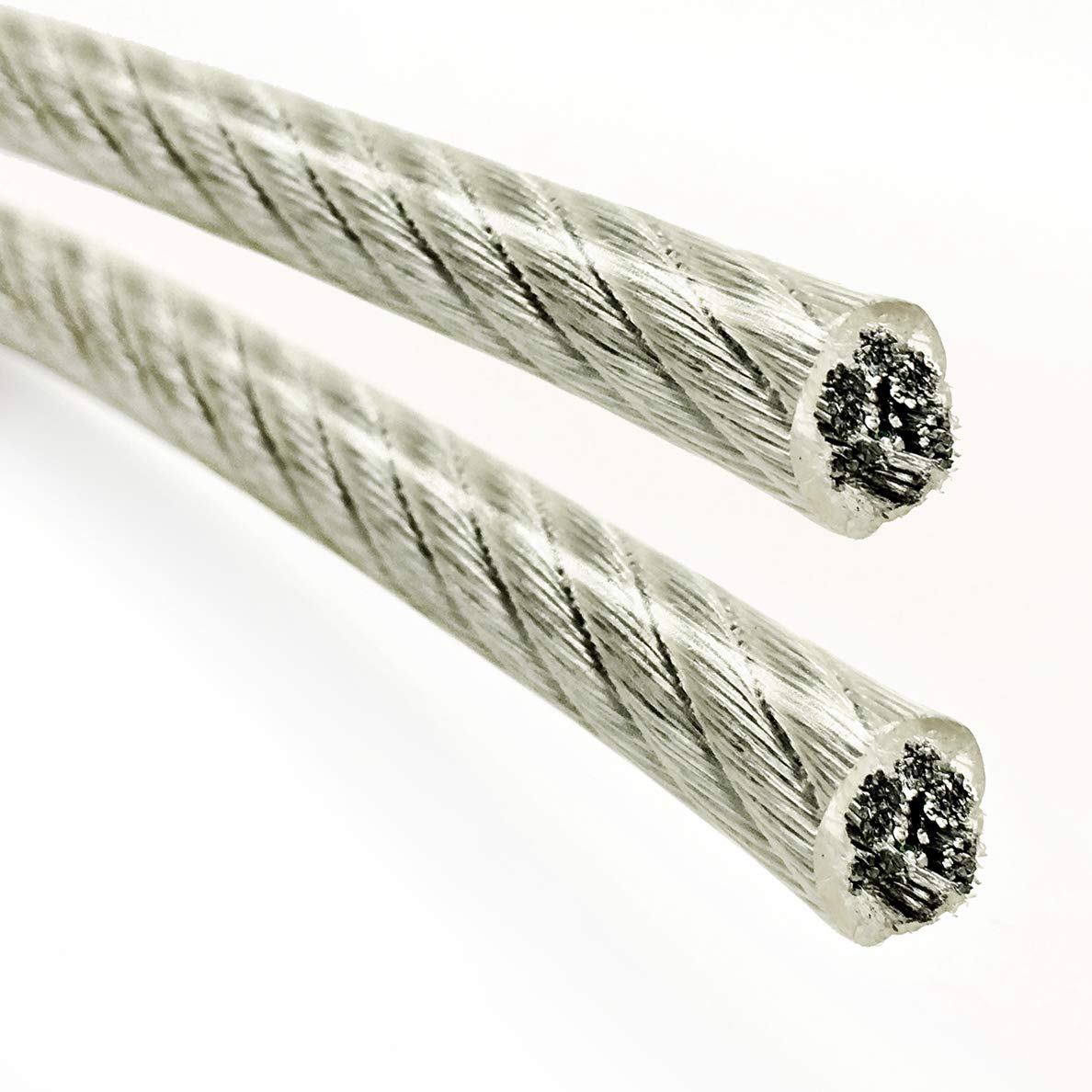 A close-up image showing two strands of aircraft cable, displaying the twisted steel wires that make up the cable.