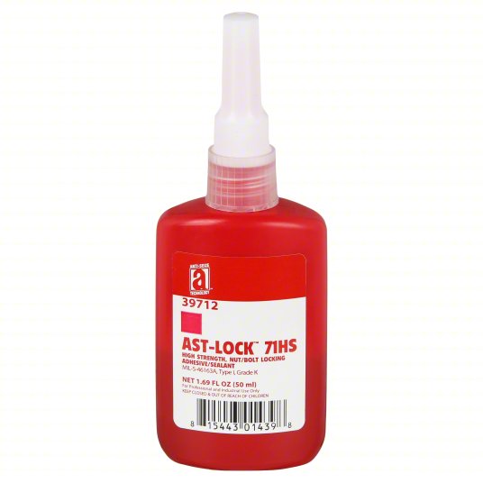 AST-LOCK 71HS high-strength nut and bolt locking adhesive in a 50 ml red bottle with a nozzle for easy application.