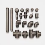 Assorted black steel pipe fittings including nipples, elbows, tees, caps, and plugs