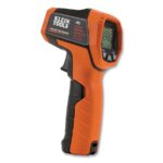 Orange infrared thermometer with digital display.