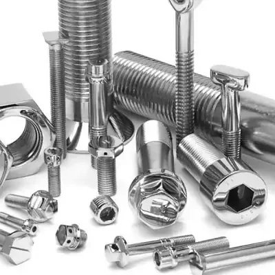 Assorted Metallic Fasteners Various types of metallic fasteners including bolts, nuts, and screws.