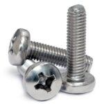 Close-up of several metal machine screws with a cross-shaped (Phillips) drive.