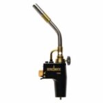 A propane torch with adjustable flame and a black and brass body.