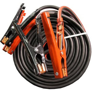 Pair of booster cables with red and black clamps attached to a coiled cable.