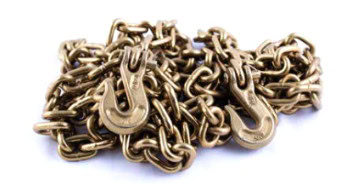 A set of heavy-duty chains with attached hooks for industrial lifting and securing applications.