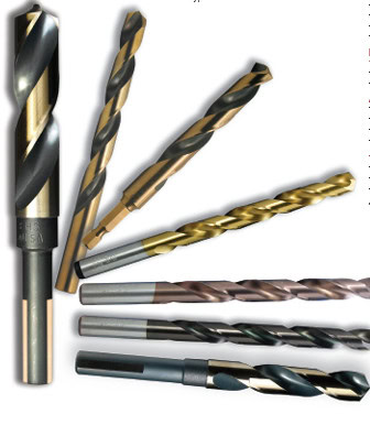 Various coated drill bits in different sizes and materials.