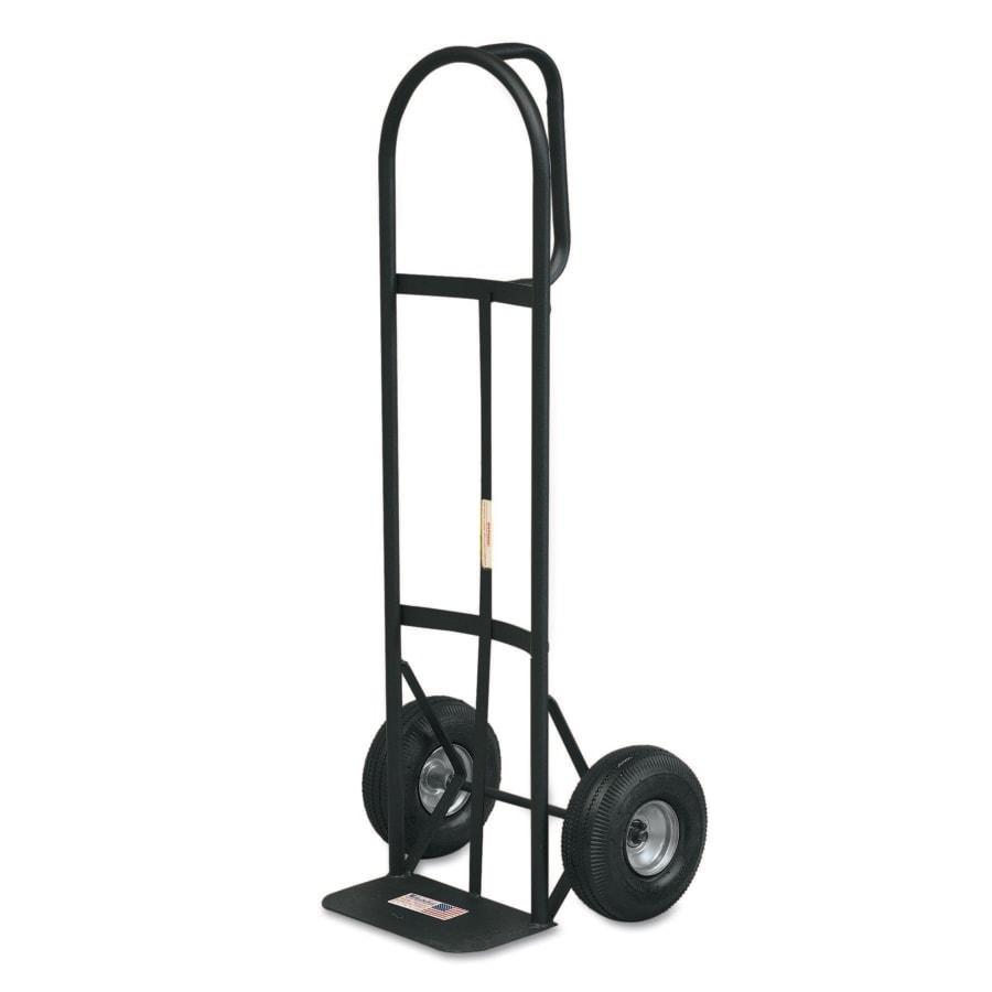 Black two-wheeled hand truck for moving items.