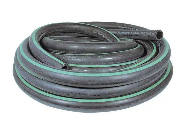 Coiled black and green heater hose with green stripes.