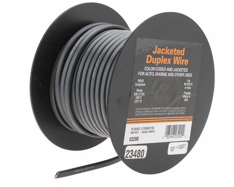 A spool of black and white jacketed duplex wire for auto and marine applications.