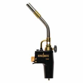 A propane torch with adjustable flame and a black and brass body.