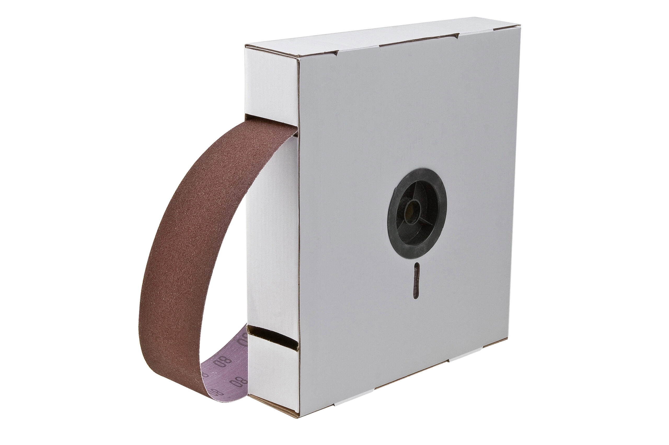 A roll of aluminum oxide sanding belt with a cardboard box dispenser.
