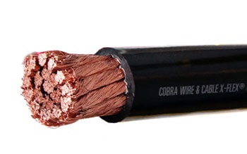 Close-up of a thick starter cable with multiple copper strands inside.