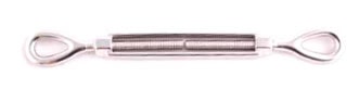 A close-up of a steel turnbuckle, used to adjust tension or length in a wire or cable.