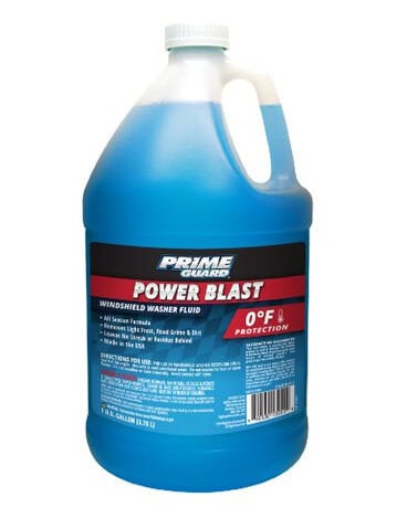 A gallon container of Prime Guard Power Blast windshield washer fluid.