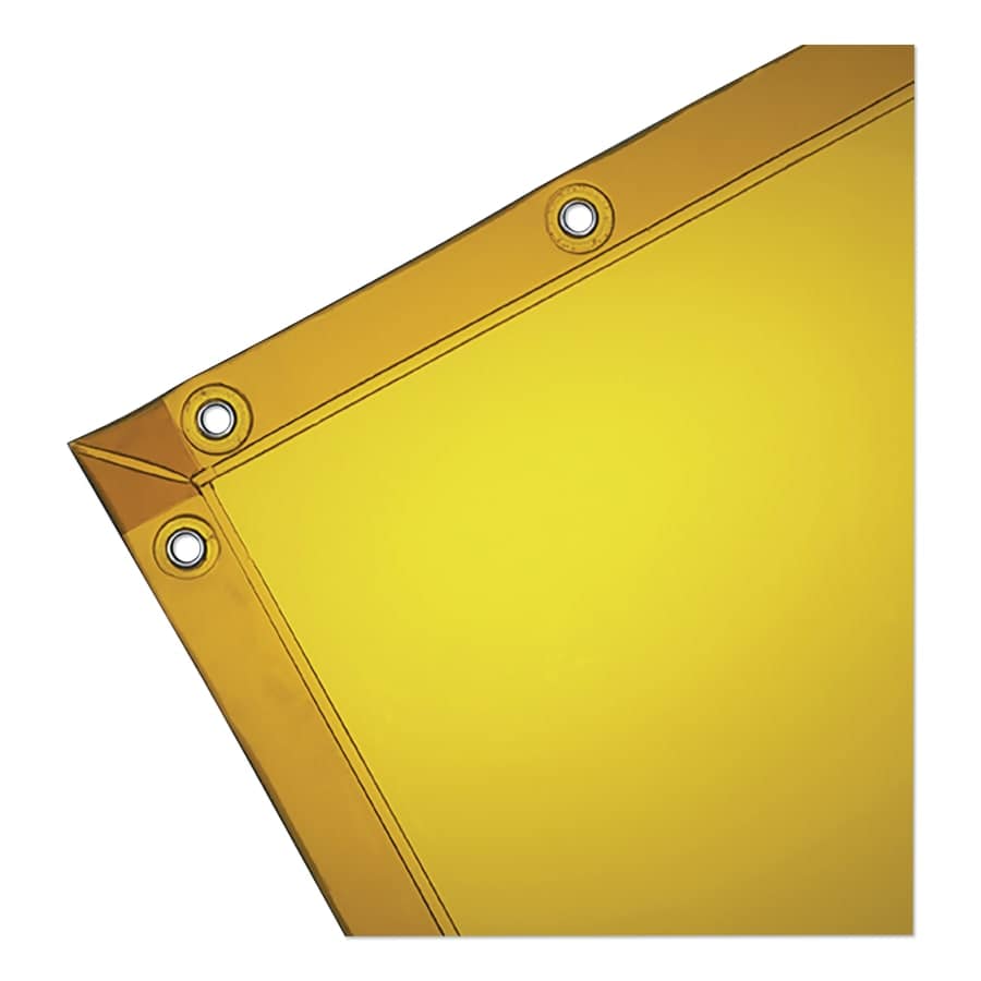 Yellow transparent welding curtain with reinforced edges and metal grommets