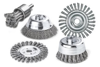 A variety of wire brushes with metal bristles attached to circular metal bases.
