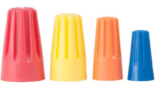 A set of wire nuts in different sizes and colors.